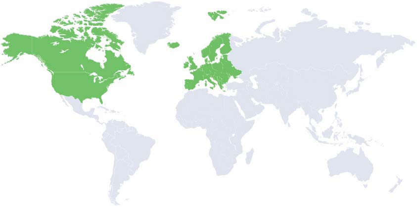 World map with Canada, US, Brazil, and Europe highlighted