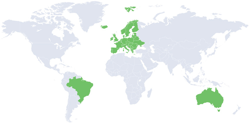 World map with Brazil, Europe, and Australia highlighted